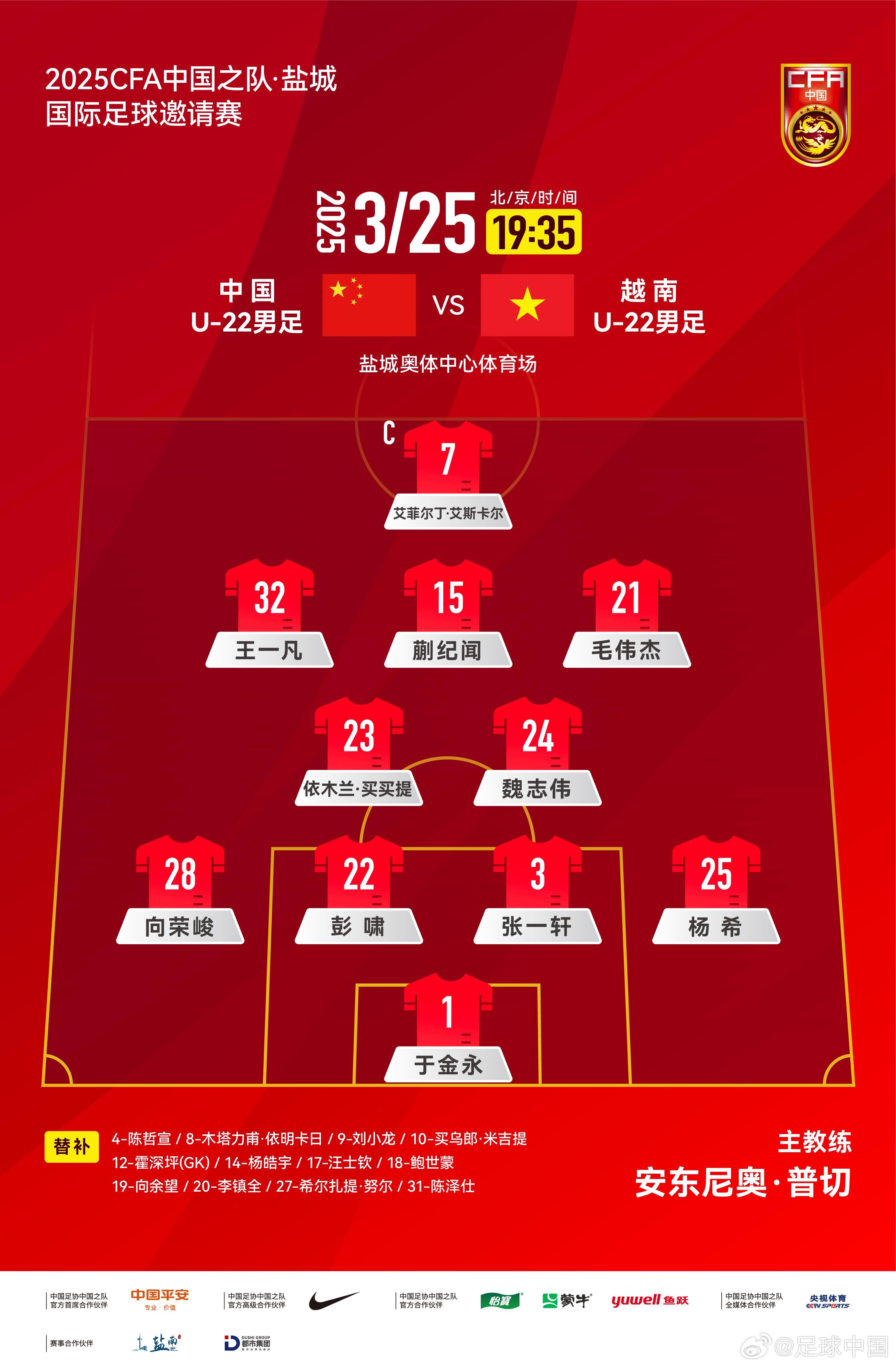 鹽城國際足球邀請(qǐng)賽中國U-22男足vs越南U-22男足，中國隊(duì)首發(fā)陣容