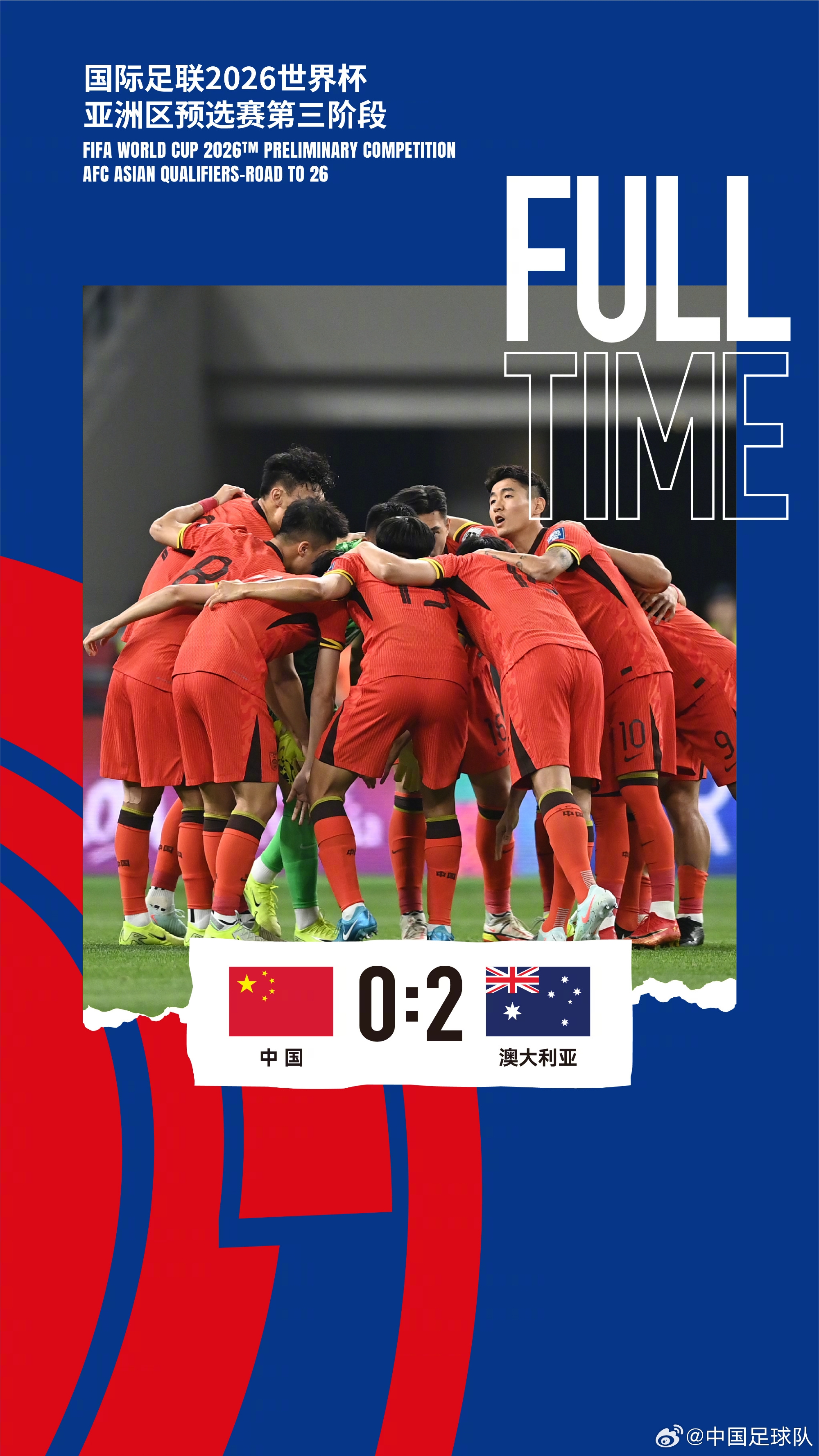 美加墨世界杯亞洲區(qū)預(yù)選賽第三階段第八輪，中國隊(duì)0-2澳大利亞隊(duì)