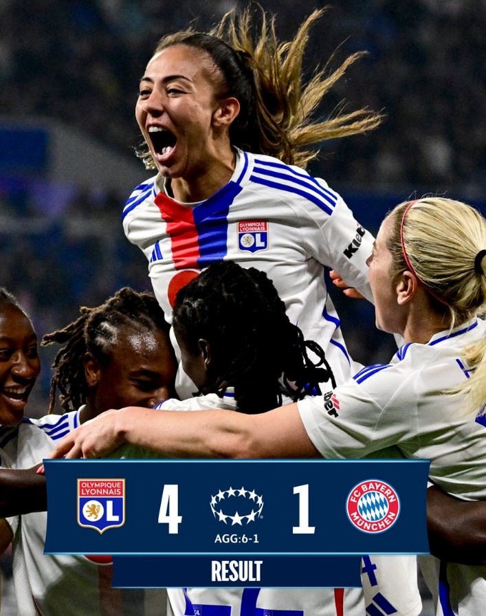 里昂女足4-1大勝拜仁女足，總比分6-1晉級(jí)女足歐冠半決賽