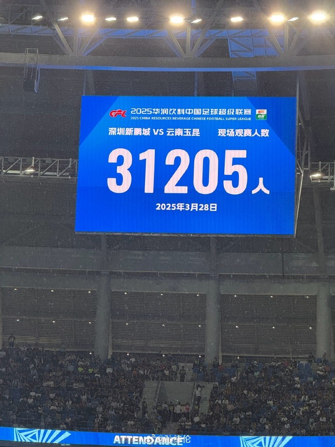 新鵬城新賽季首個(gè)主場(chǎng)現(xiàn)場(chǎng)觀眾31205人，為隊(duì)史最高上座人數(shù)